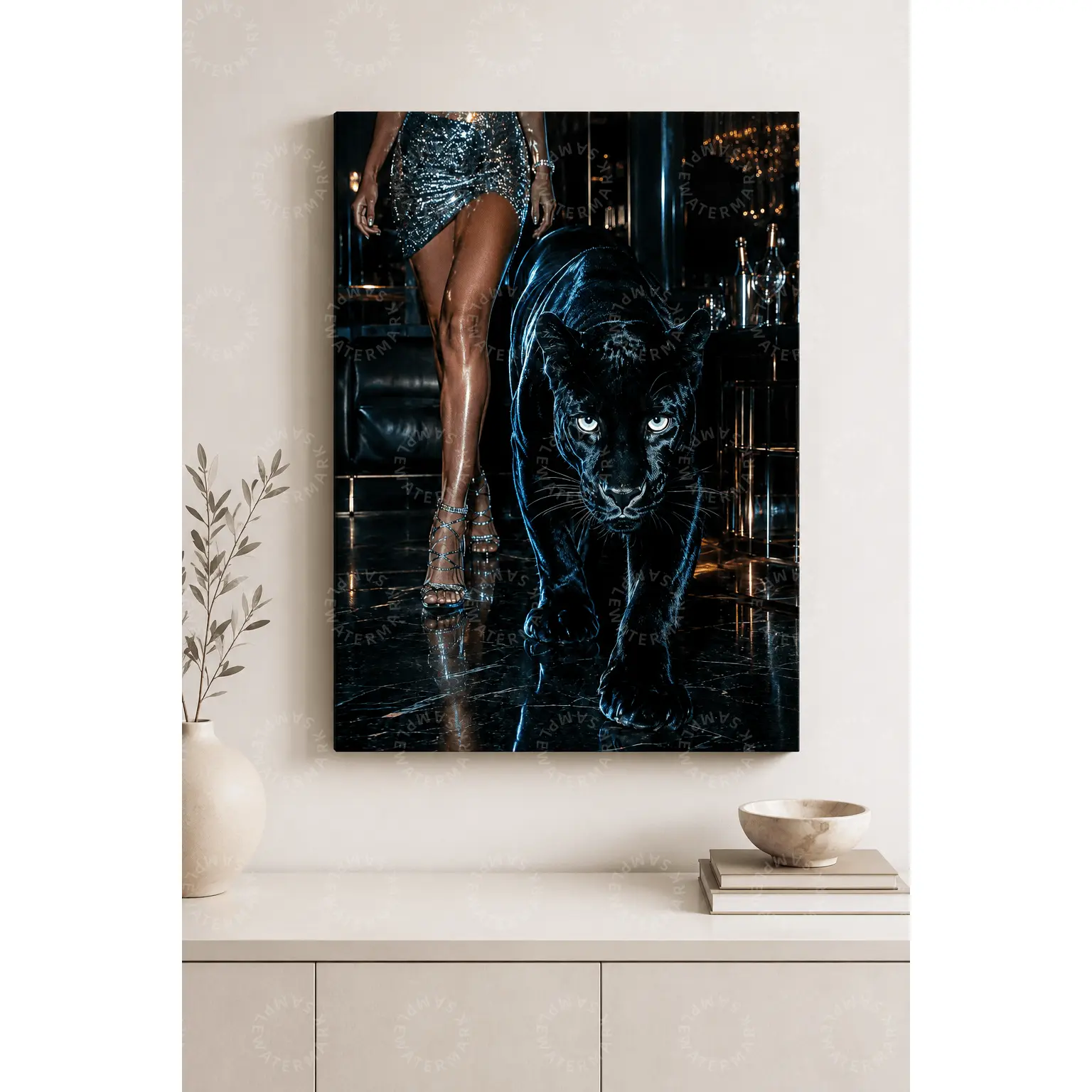 Black Panther Canvas Wall Art - Light-Infused Luxury Nightclub Fashion Poster with Silver Dress, High Heels, Dark Glam Aesthetic Decor for Living Room, Bedroom, Stylish Gift