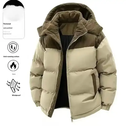 Men's Quilted Vintage Colorblock Cotton Down Hooded Coat - Coats with Plain Design, Detachable Hat, Long Sleeve, Normal Type, Fitted Normal Fit, Pull-On, Machine Washable, Polyester, Casual Warm Menswear Top