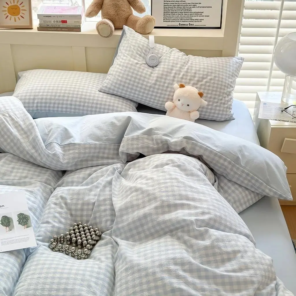 Blue Gingham Duvet Cover Queen Size Reversible Plaid Checkered Duvet Cover 3 Pieces Soft Breathable Washed Microfiber Girls Dorm Bedding Set for All Season