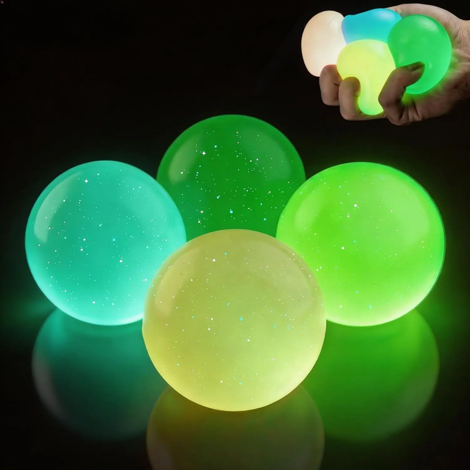 4 Pack Glow The Dark Stress Balls, Glowing Sticky Balls Fidget Toys, Soft Squishies Squeeze Toys for Adults & Teens, Stress Relief Squishies Toys