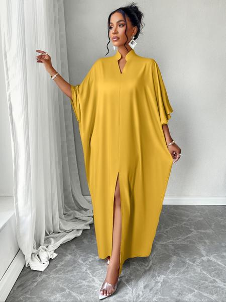 Women's Plain Notched Neck Split Hem Long Dress, Elegant Fashion Casual Dress for Daily Outdoor Wear, Women Dress for Summer