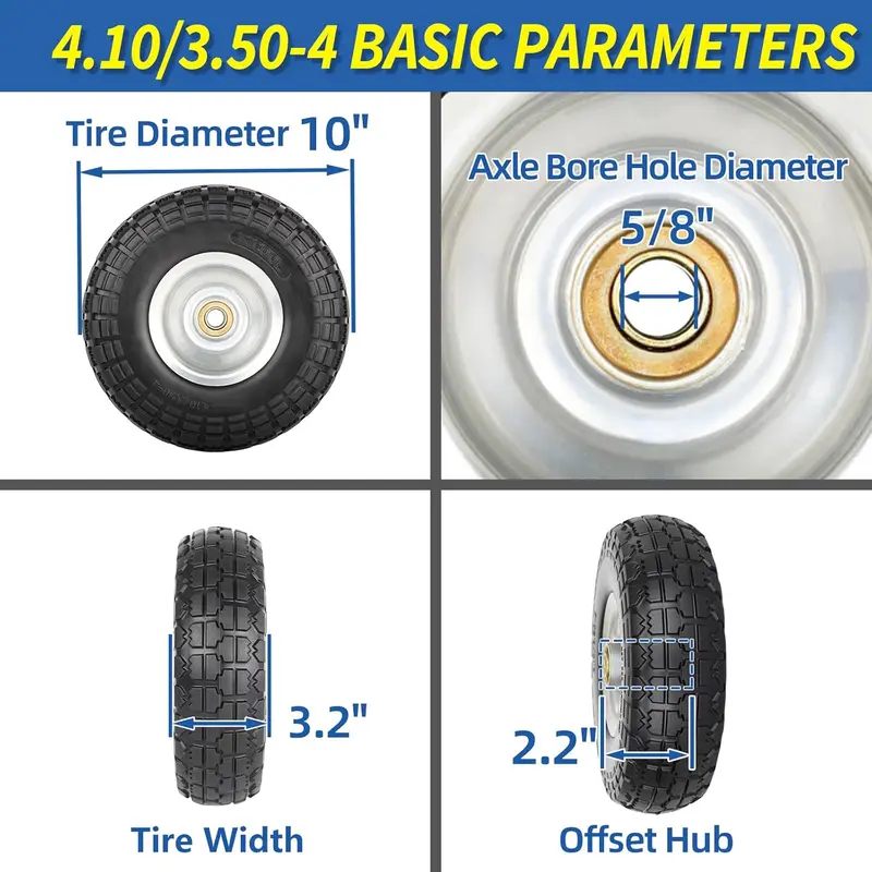 2-Pack 4.10/3.50-4" Flat Free Solid Tire & Wheel Set, 10" Tire Diameter Carbon Steel Synthetic Heavy Duty Build, 5/8" Axle Bore Hole, 2.2" Offset Hub Length, for Hand Garden Cart Dynamic Loads Replacement