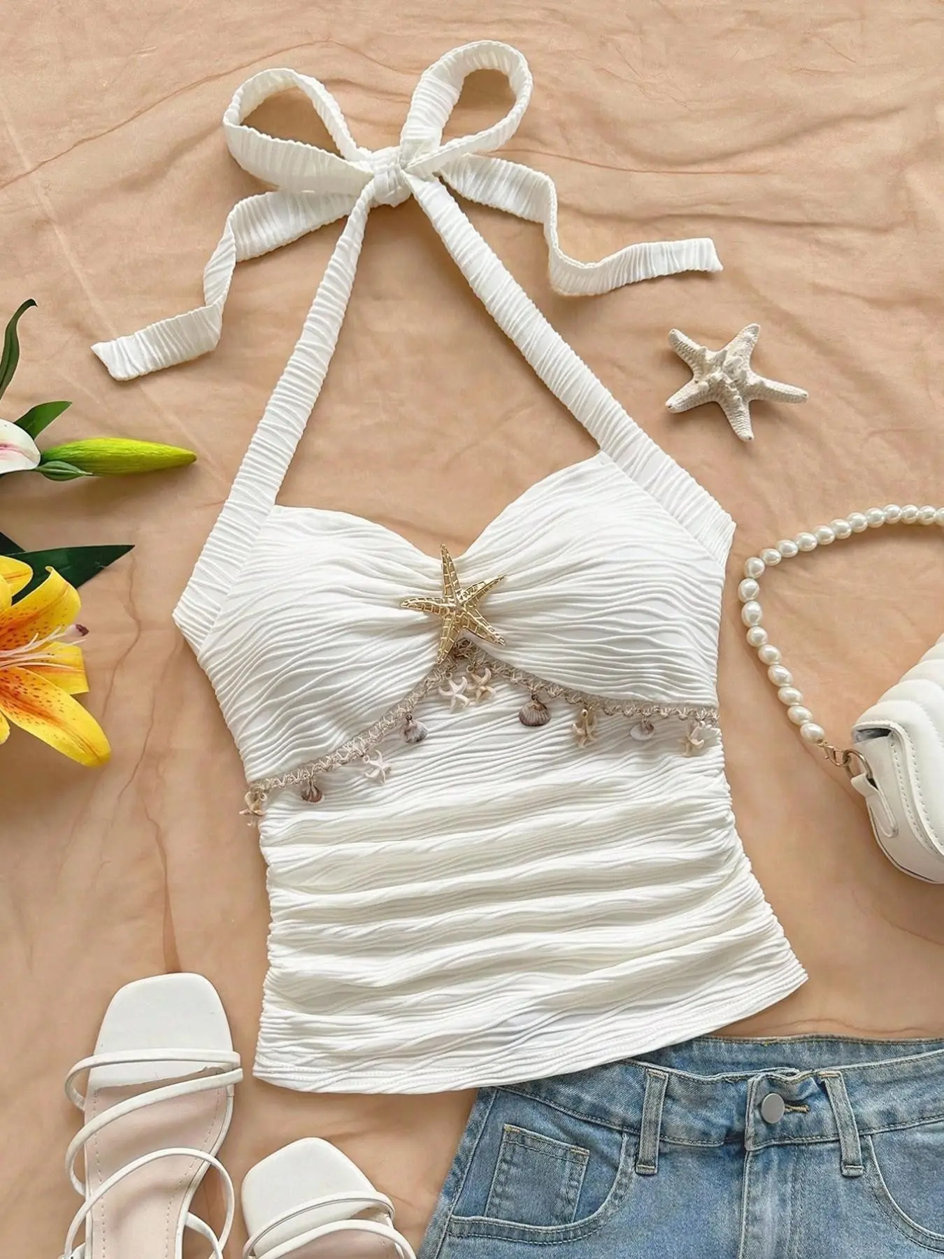 Halter Top Sleeveless with Butterfly Knot Starfish Decoration  Ruched Slim Fit  Slimming Vacation Style  Beachwear Women's Summer Beach Date New Arrival