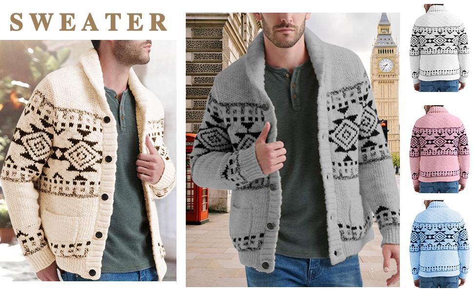 PASLTER Men's Shawl Collar Cardigan Sweater Multi-Color Button Down Knitted Sweaters with Pockets Knitwear Menswear
