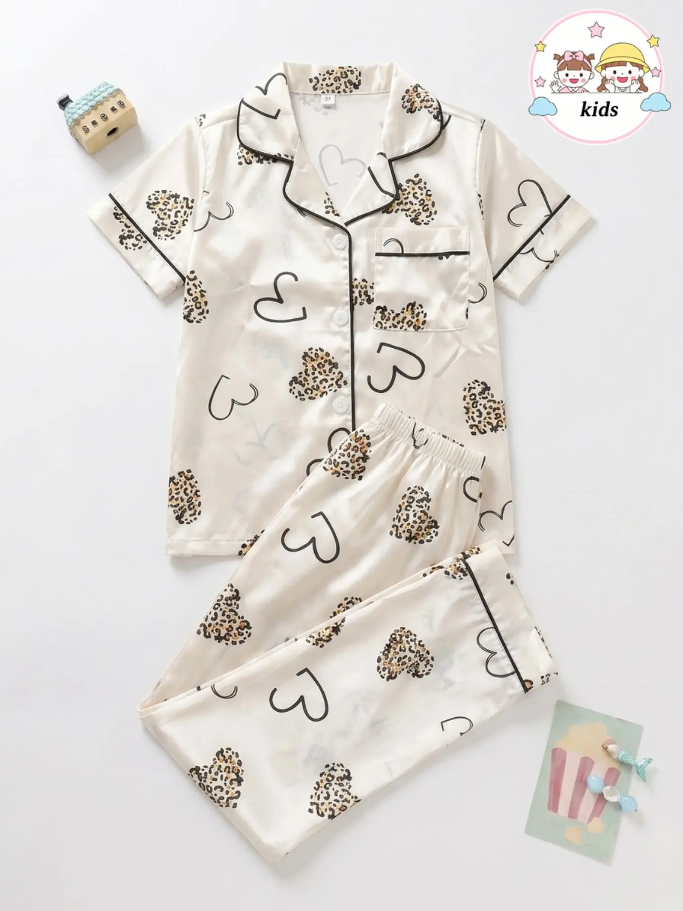 Girls' 2-Piece Pajama Set, Leopard Heart Print, Button Front Short Sleeve Top + Elastic Long Pants, Soft Satin Fabric, All-Season Comfort