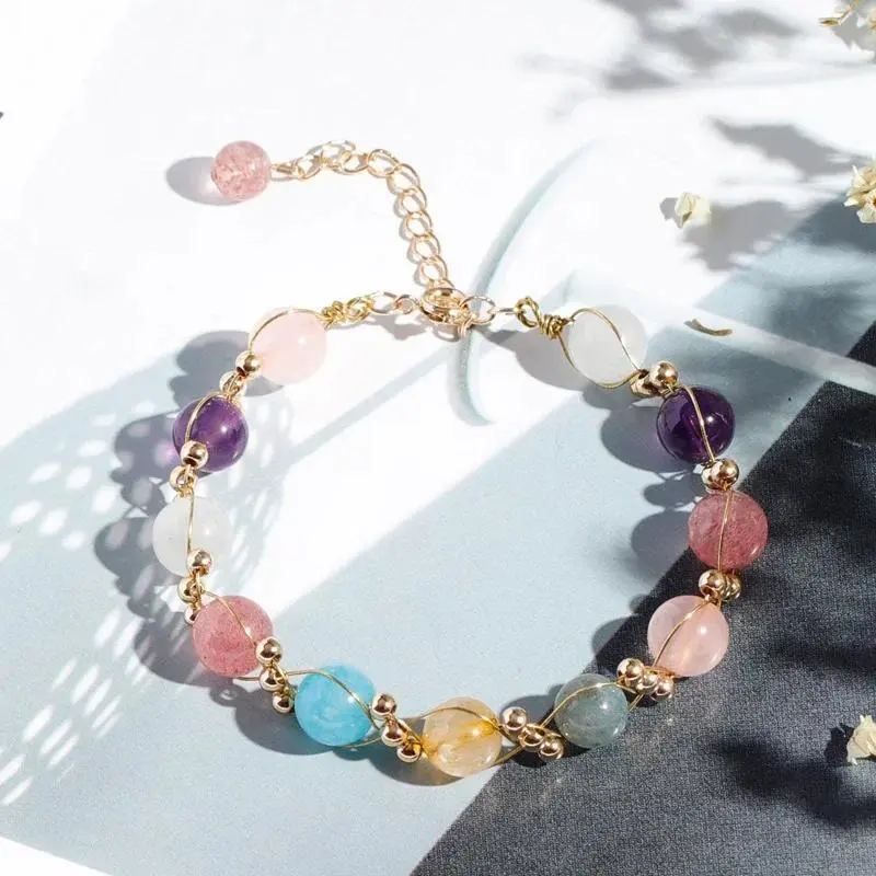 Women's Gold-Tone Beaded Bracelets with Moonstone, Rutilated Quartz, Strawberry Crystal, Amethyst, Aquamarine, Crystal Stones - Multicolor Mix Bohemian Look Jewelry YBR255, Female