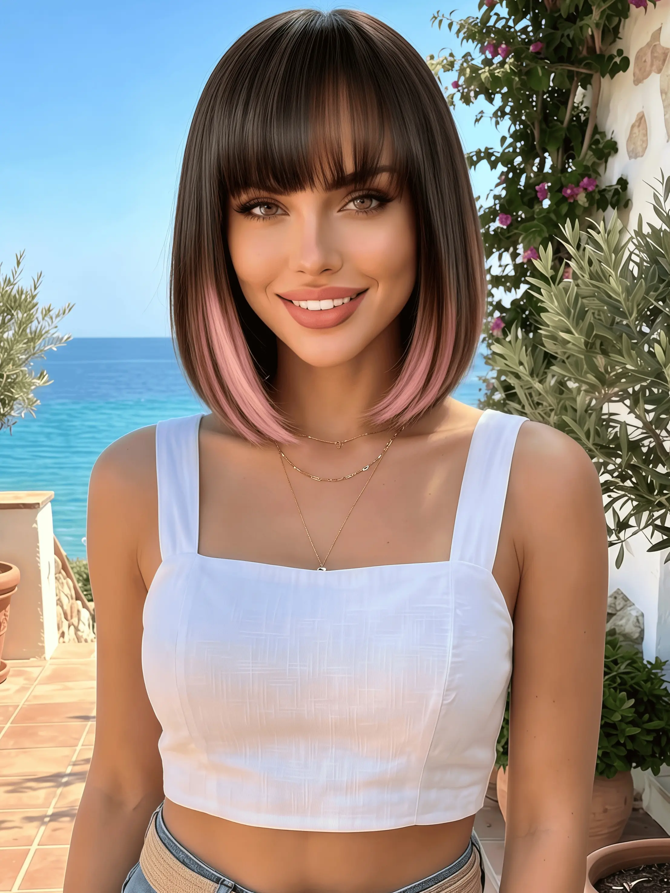 Natural Look Straight Brunette Bob Wig with Pink Highlights – 12 Inch Shoulder Length Synthetic Hair with Blunt Bangs – Heat Resistant, Glueless Full Wig for Women (Daily Wear/Party/Cosplay