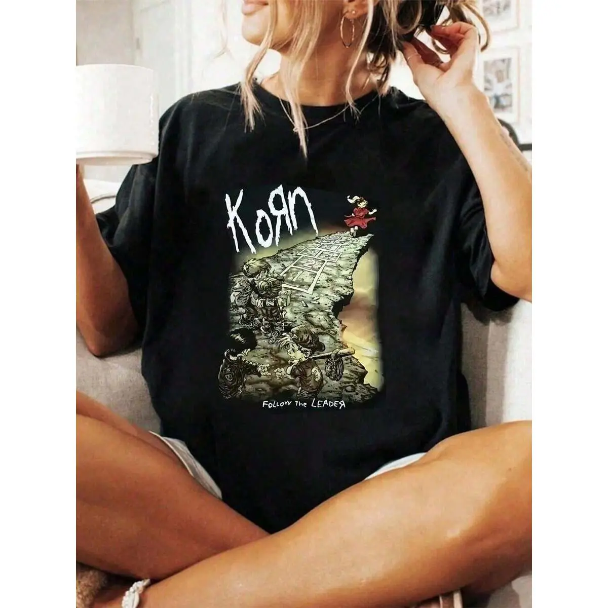 Graphic Tees100% Cotton Korn Follow The Leader Artwork Design Print Round Neck Short Sleeve T-Shirt Women's Men's Graphic Tee Cotton Top,Tops Women
