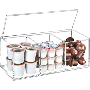 Acrylic Coffee Pod Holder with Lid for 24 Kcup, Clear Coffee Capsule Storage Organizer,3 Compartments Coffee Bar Station Organizer Compatible with Coffee Pod, Coffee Creamer