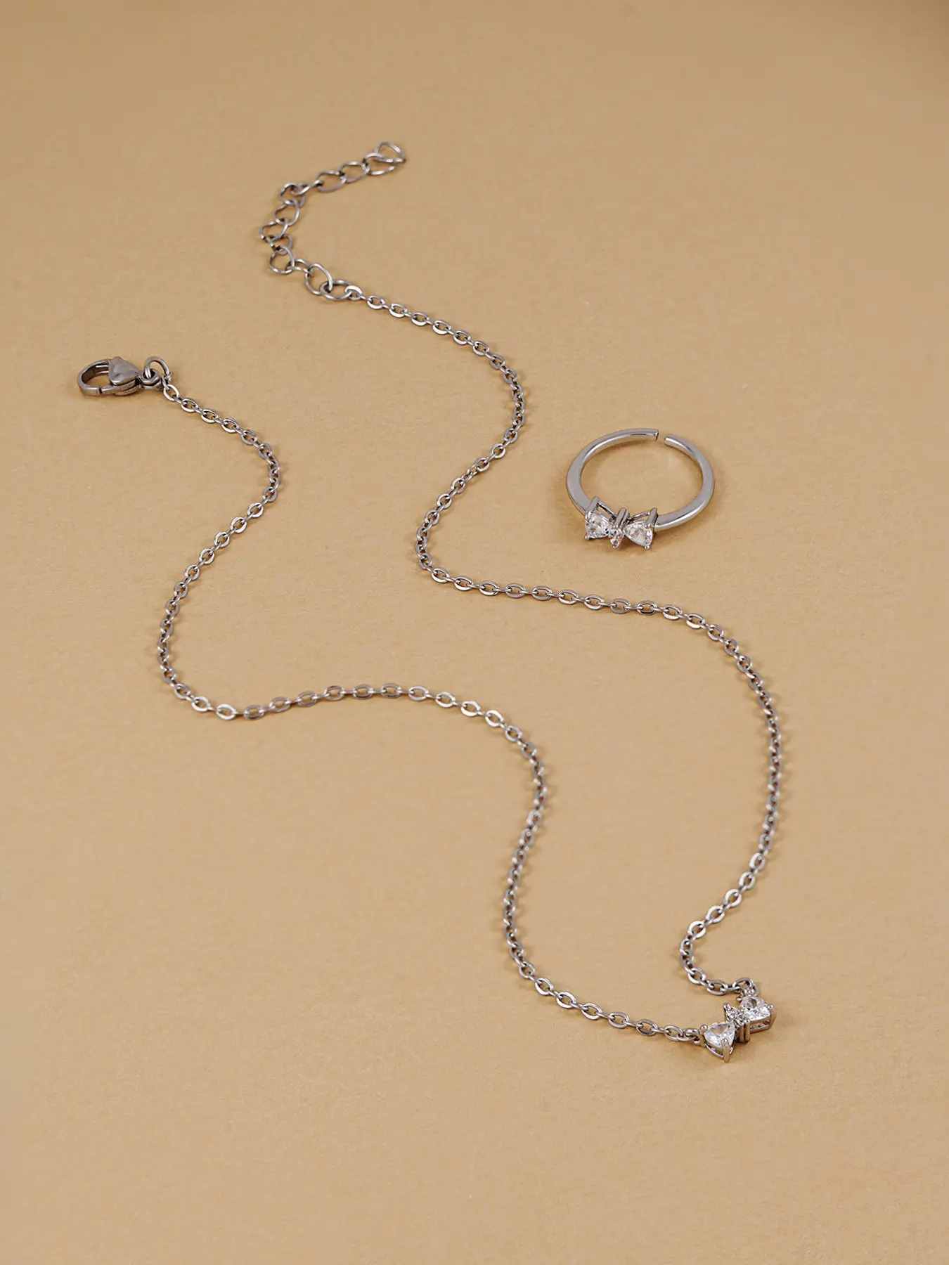 Elegant Bowknot Necklace & Ring Set, Perfect for Women's Daily Wear, Parties, and Gatherings, Stylish Jewelry Gift Idea, Chain Necklace Set