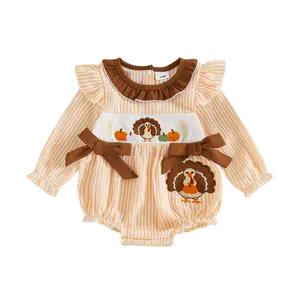 Infant Baby Girl Thanksgiving Striped Romper Turkey Pumpkin Embroidery Long Sleeve Fall Jumpsuits 0-18 Months