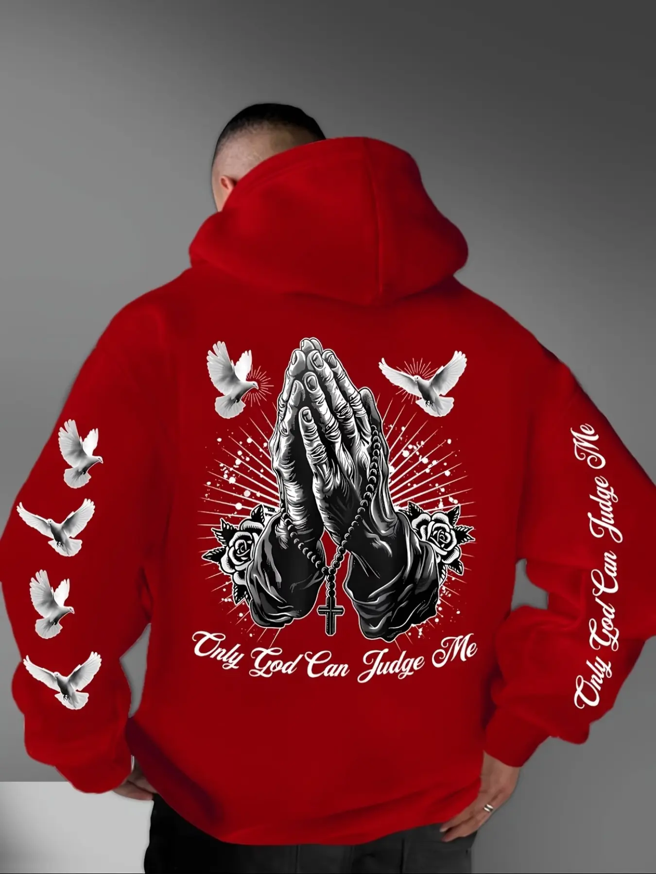 Men's Autumn & Winter Dove Prayer Print Hoodie, Sporty Loose-Fitting Pullover, Unlined Casual Streetwear