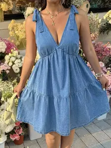 Plus Size Women's Sleeveless Denim Dress, Shoulder Knot Design, Light Blue, Perfect for Music Festivals, Graduation, Vacation, Formal Events, Fall Fashion