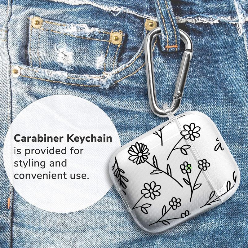 Springtime Flowers Pattern Protective Case for AirPods 4/3/2/1/Pro/Pro2 Soft TPU Earphone Cover, Transparent with Keychain