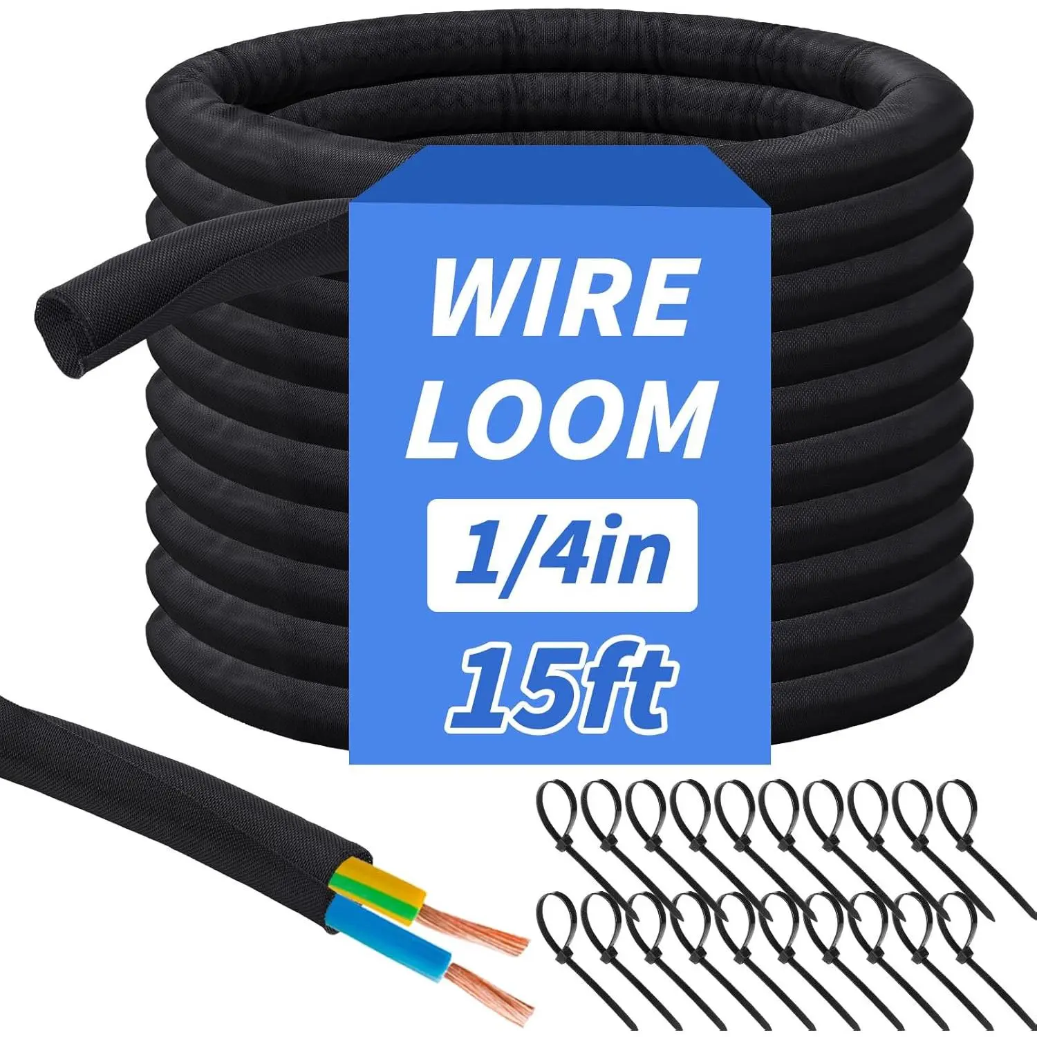15FT Split Braided Sleeve  Management, 1/4 Inch Wire Loom Tubing Cord Protector Self-Wrapping, Flexible  Sleeve Cord Management for Automotive TV  Electrical  Protection