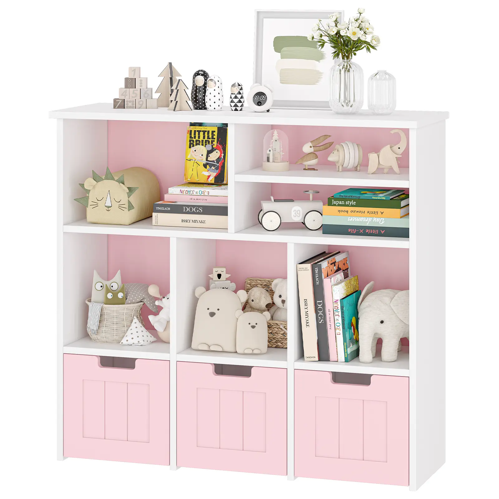 Kids Toy Storage Cabinet with 3 Movable Drawers & 6 Cubes, White & Pink Bookshelf Organizer with Hidden Wheels,Kids Bookcase Toy Storage Organizer for Bedroom & Playroom & Nursery