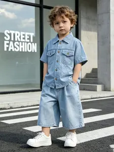 Young Boys Denim Set, Short Sleeve Denim Shirt, Denim Top, Wide Leg Denim Capri Pants, 4-7Y Light Wash Soft 2Pcs Outfit, Summer Clothing Set, Casual Street Style For Kids School Daily Outdoor