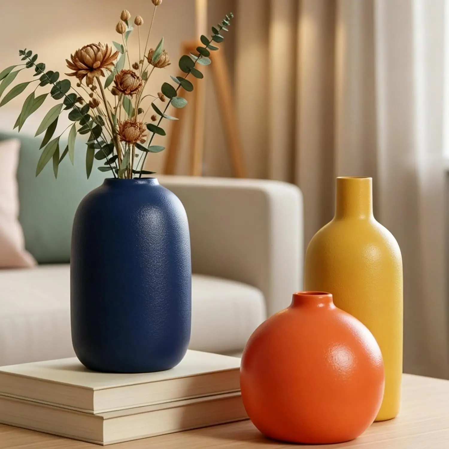 Ceramic Vase Set of 3, Small Burnt Orange Blue Yellow Vases, Modern Farmhouse Fall Decor, Organic Accents for Living Room, Table, Shelf, EntrywayGift