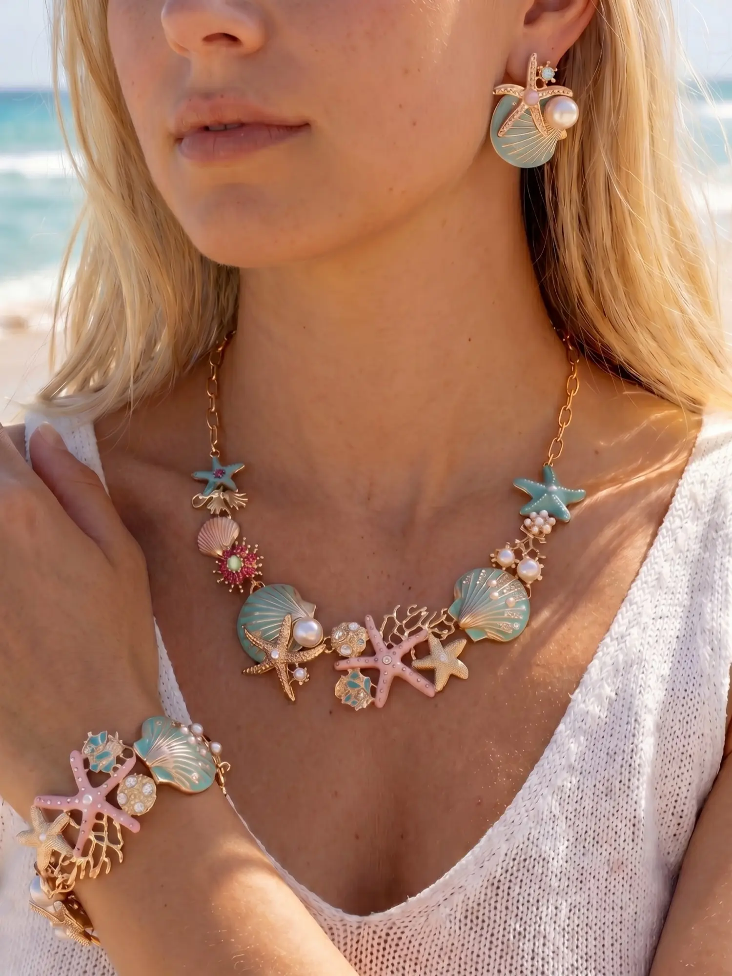 Macaron Blue Ocean Jewelry Set, Cute Jewelry, Vintage French Resort Style, 3D Starfish Scallop Pearl Rhinestone Necklace Earrings Bracelet, Beach Travel Photo Accessories