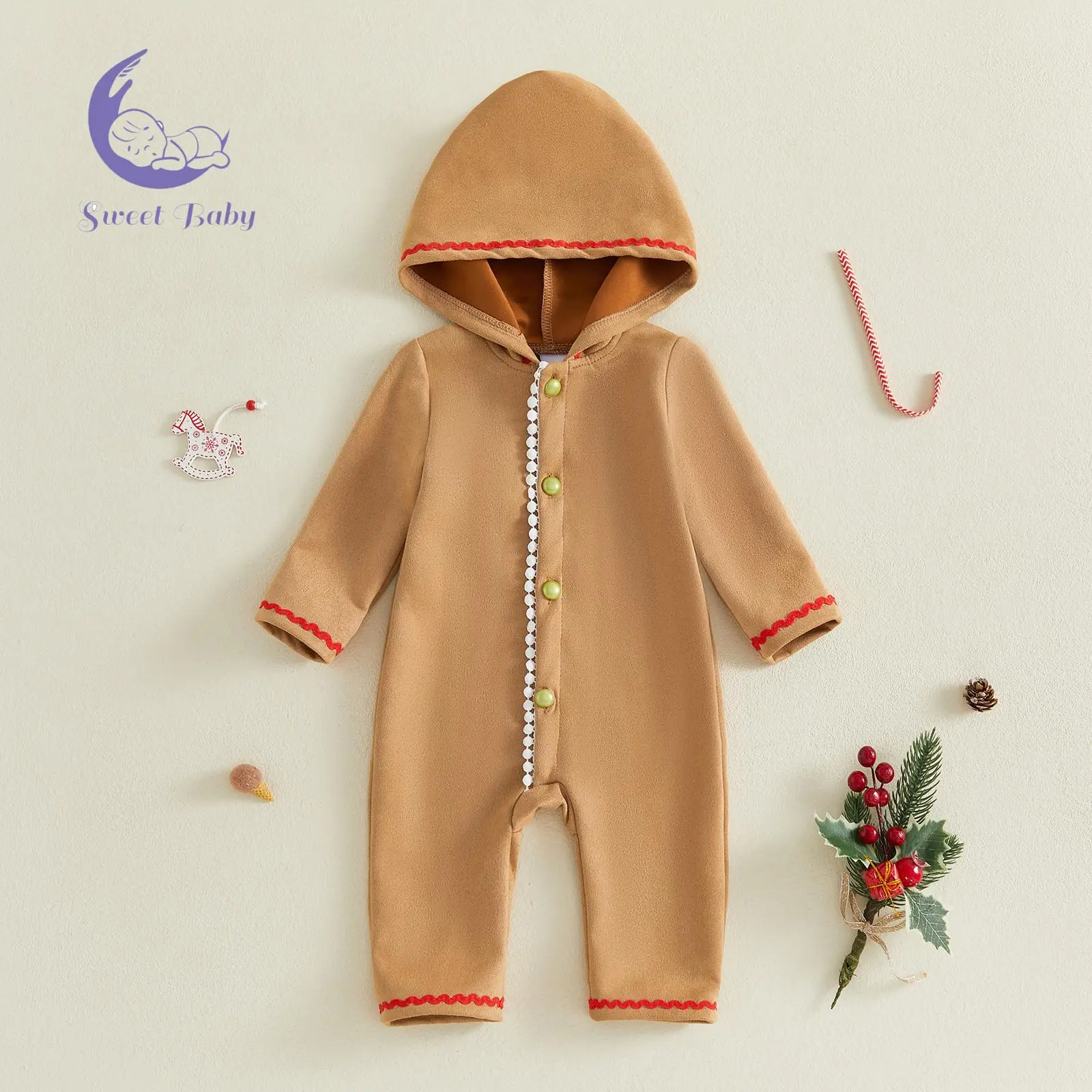 Unisex Baby Gingerbread Man Hooded Long-Sleeve Romper - Button Closure, Ric-Rac Trim, Safe Materials, Baby Bodysuits & 1-Pieces Rompers