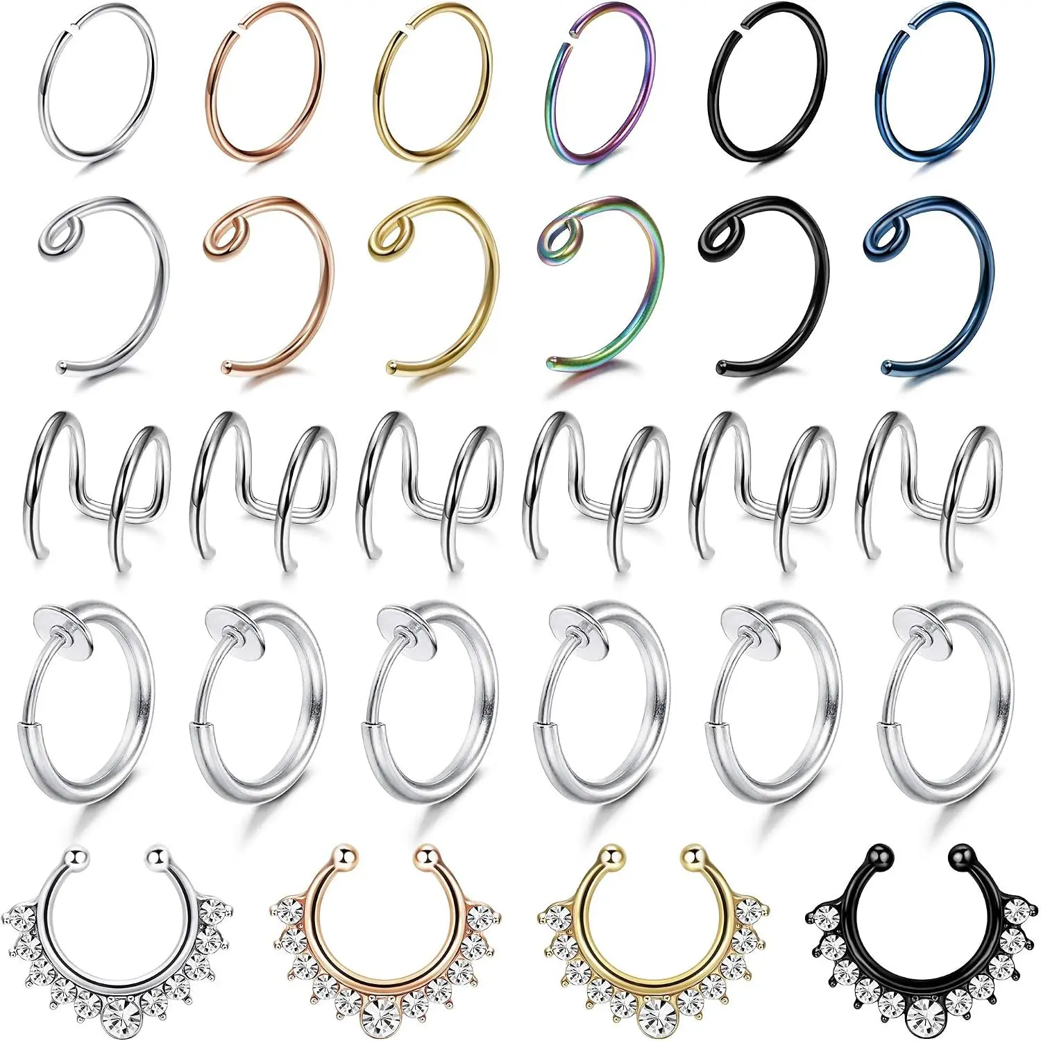 Women's 28Pcs 20G Stainless Steel Hoop-Shape Fake Piercings, No-Piercing Clip-On Faux Septum Ring & Body Jewelry for Daily Wear, Casual Use