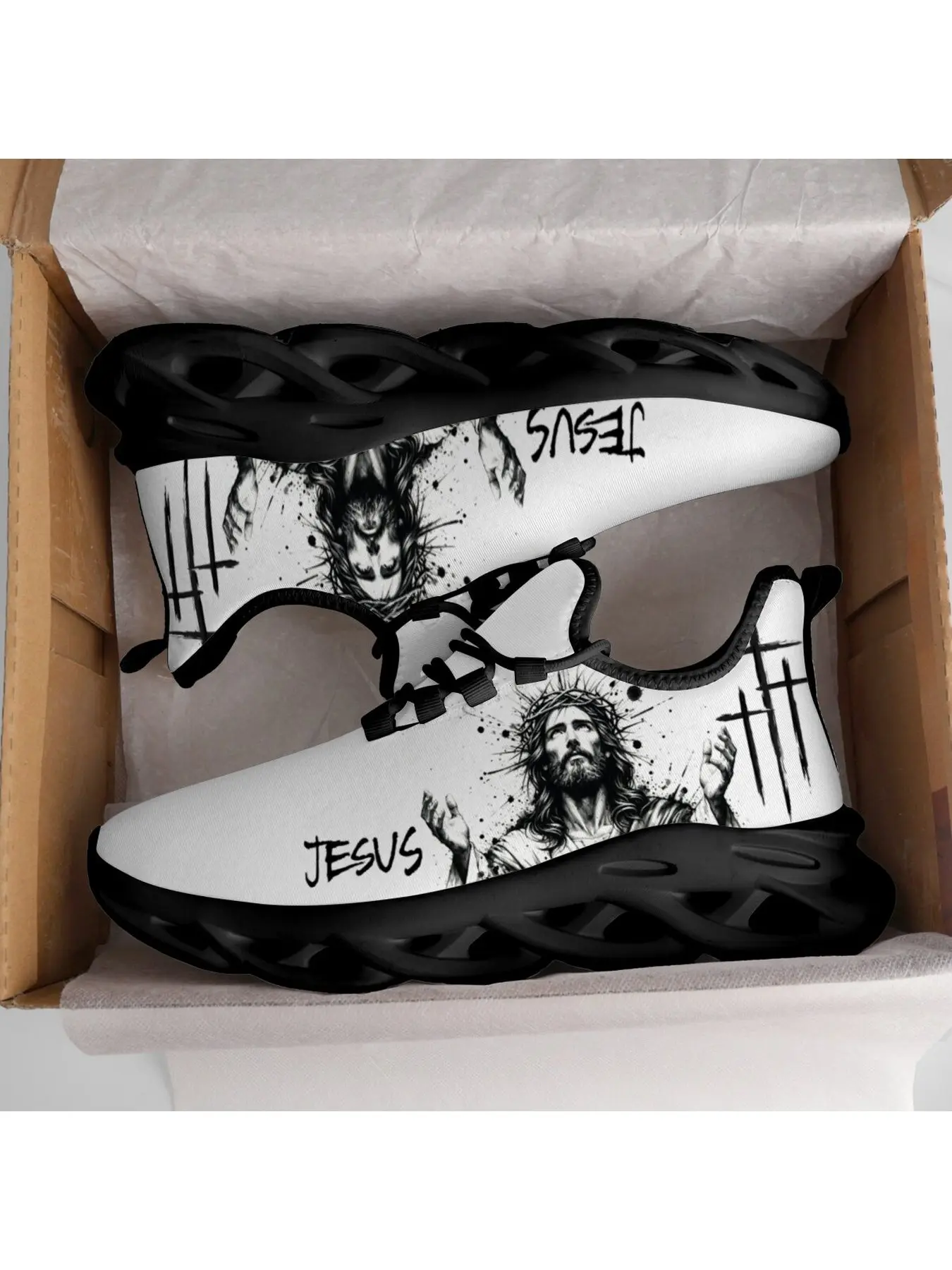 New Hot Jesus Faith Religious Figure Black White Design Adult Lace Up Blade Cushion Sneakers Man Woman Popular Versatile For Daily Outings Non Slip Minimalist Trendy Walking Sneaker