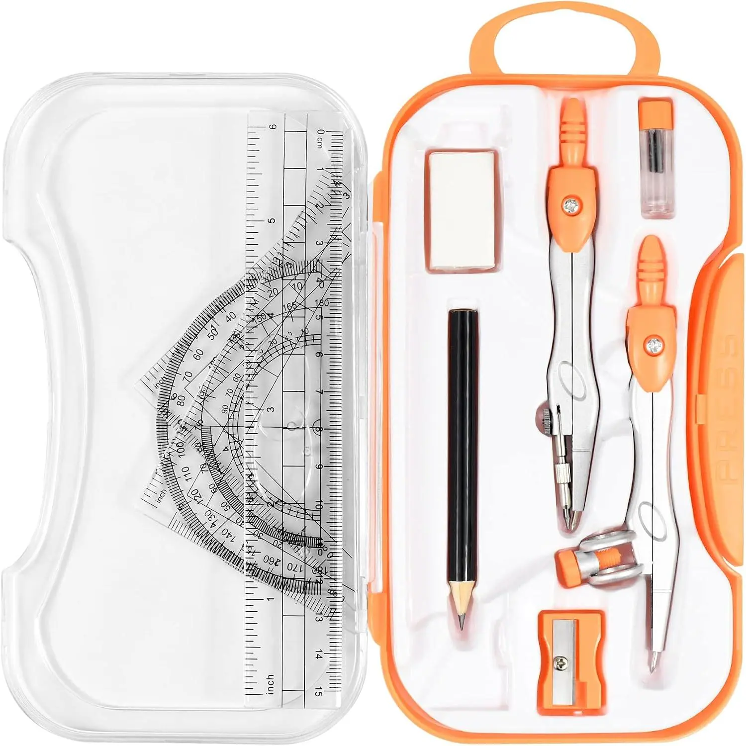 10 count Math Geometry Set Student Supplies,Compass Kit Set (Orange) | Shatterproof Storage Box,Rulers,Protractor,Compass,Eraser,Pencil Sharpener,Lead Refills,Pencil,for School and Drawing