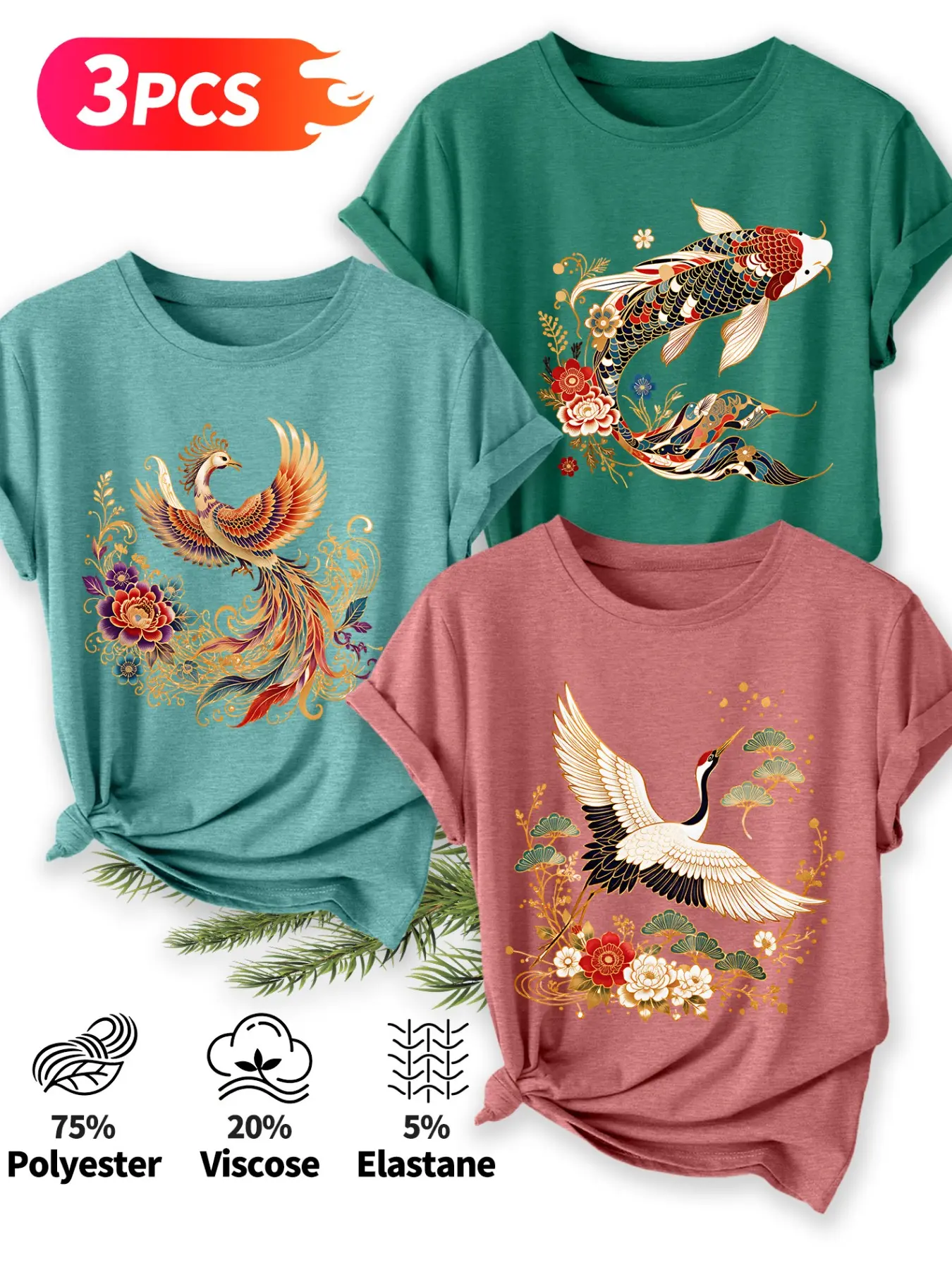 3Pcs Women Crew Neck T-Shirt, Phoenix Koi Crane Peony Chinese Auspicious Floral Print, Multi-color Washable Spring Summer Top, Soft Skin-friendly Fabric Daily Versatile Fashion Design