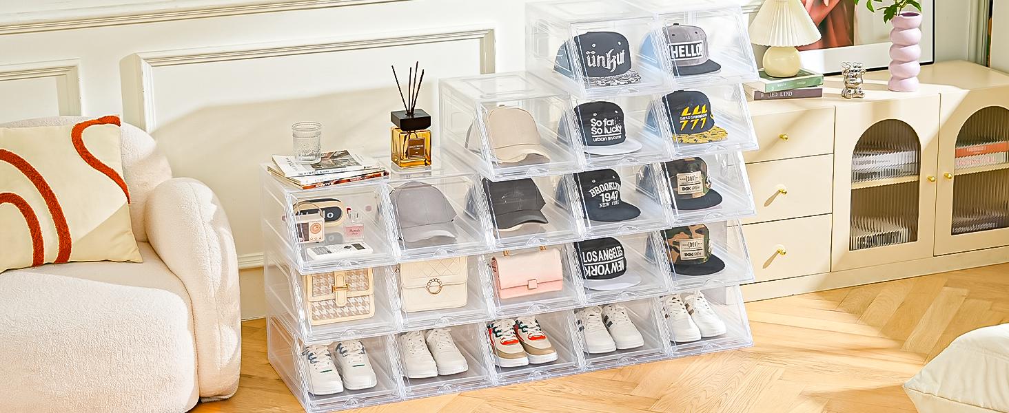 2 Pack Stackable Hat Organizer for Baseball Caps, Large Clear Hat Holder with Sliding Drawer, Hat Storage Box with Door, Baseball Cap Organizer