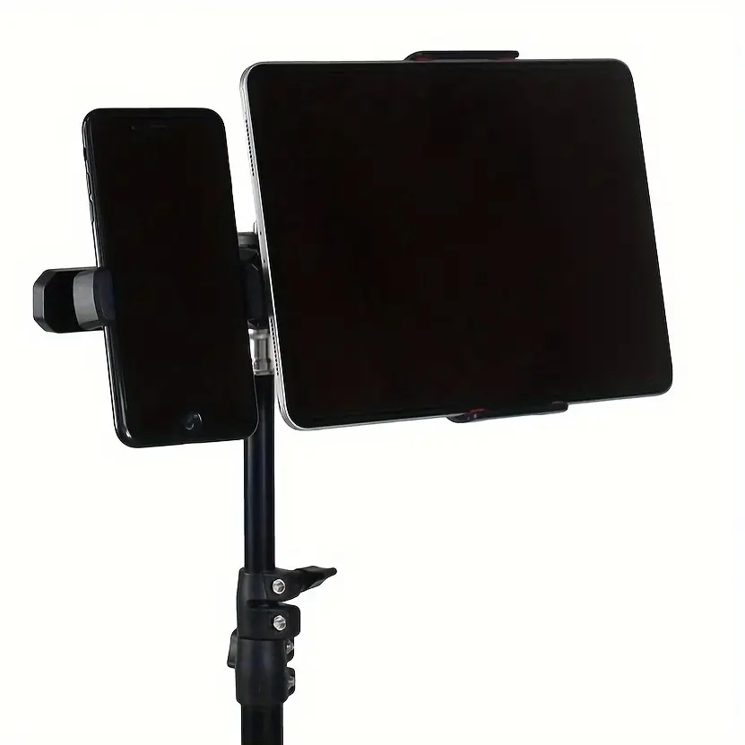 Dual Device Stand with Tripod, Adjustable Height Floor Stand, 360° Rotatable, Compatible with 10.16-30.48cm Devices, Portable and Lightweight