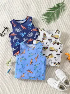 3-Pack Boys' Cartoon Dinosaur Car Print Tank Tops, Summer New Fashion, Perfect for School Parties, Outdoor Activities, Vacation Wear, Gift Idea