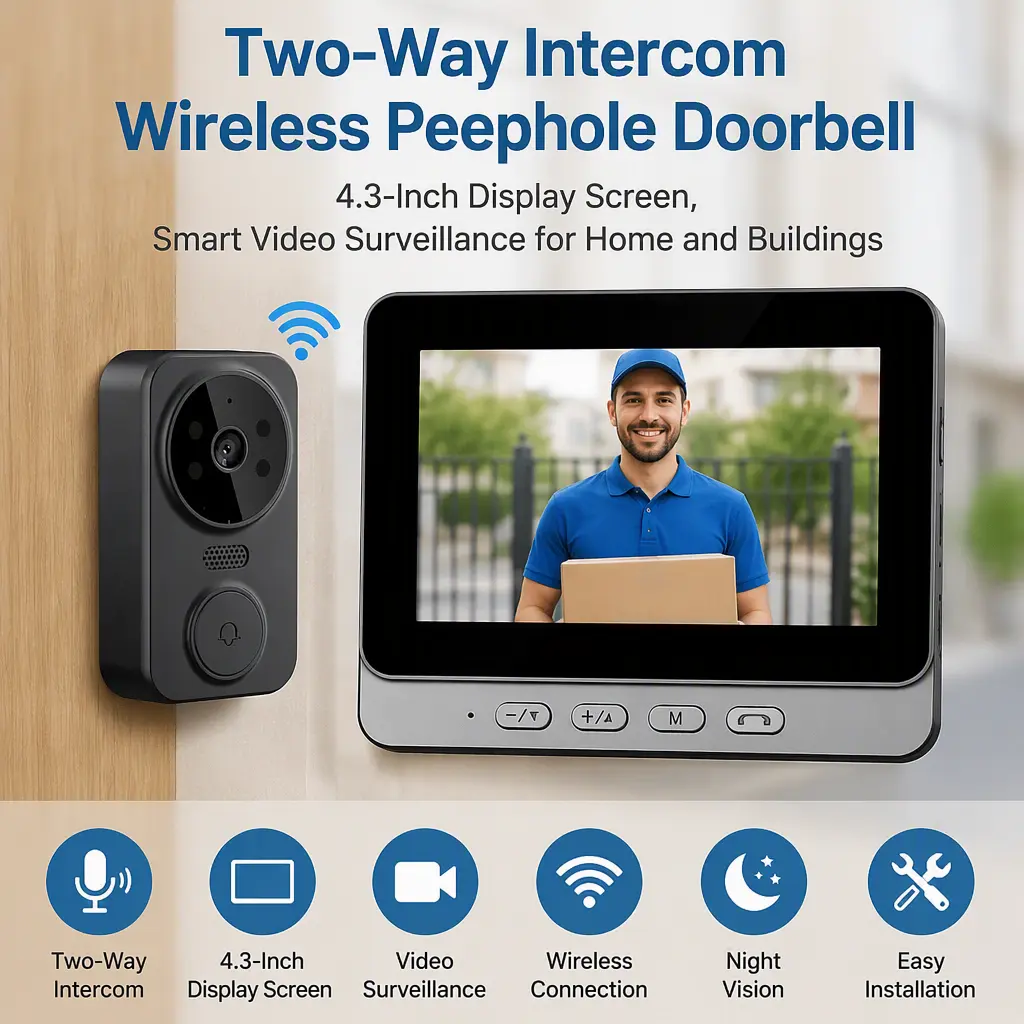 Smart Peephole Surveillance Video Doorbell, Wireless 4.3‑Inch Display Unit with Two‑Way Intercom for Home & Building Use