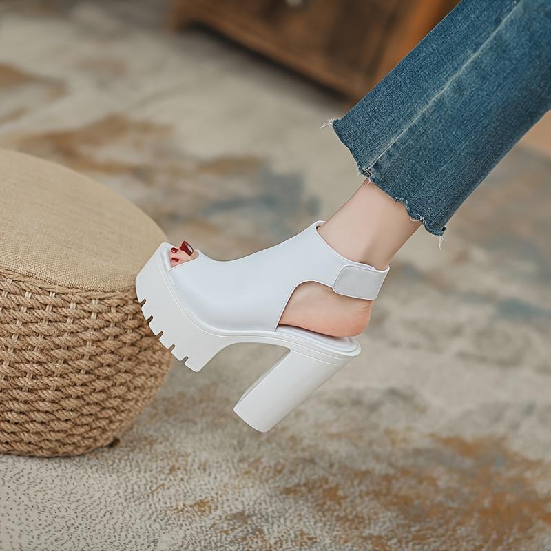 Women's Solid Color Block Heels, Fashion Open Toe Dress Pumps, Stylish Platform Slingback Heels Sandals, Summer Comfort Flatform Footwear White Elegant Classy Heeled wide feet sandals comfy sandals