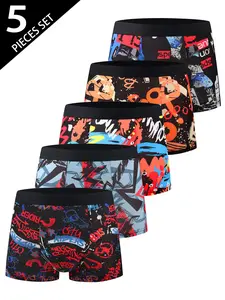 Men's Random 5-Pack Boxer Briefs, Comfortable Mid-Rise Stretch Men's Underwear, Stylish Multipurpose Fashion Print Boxers