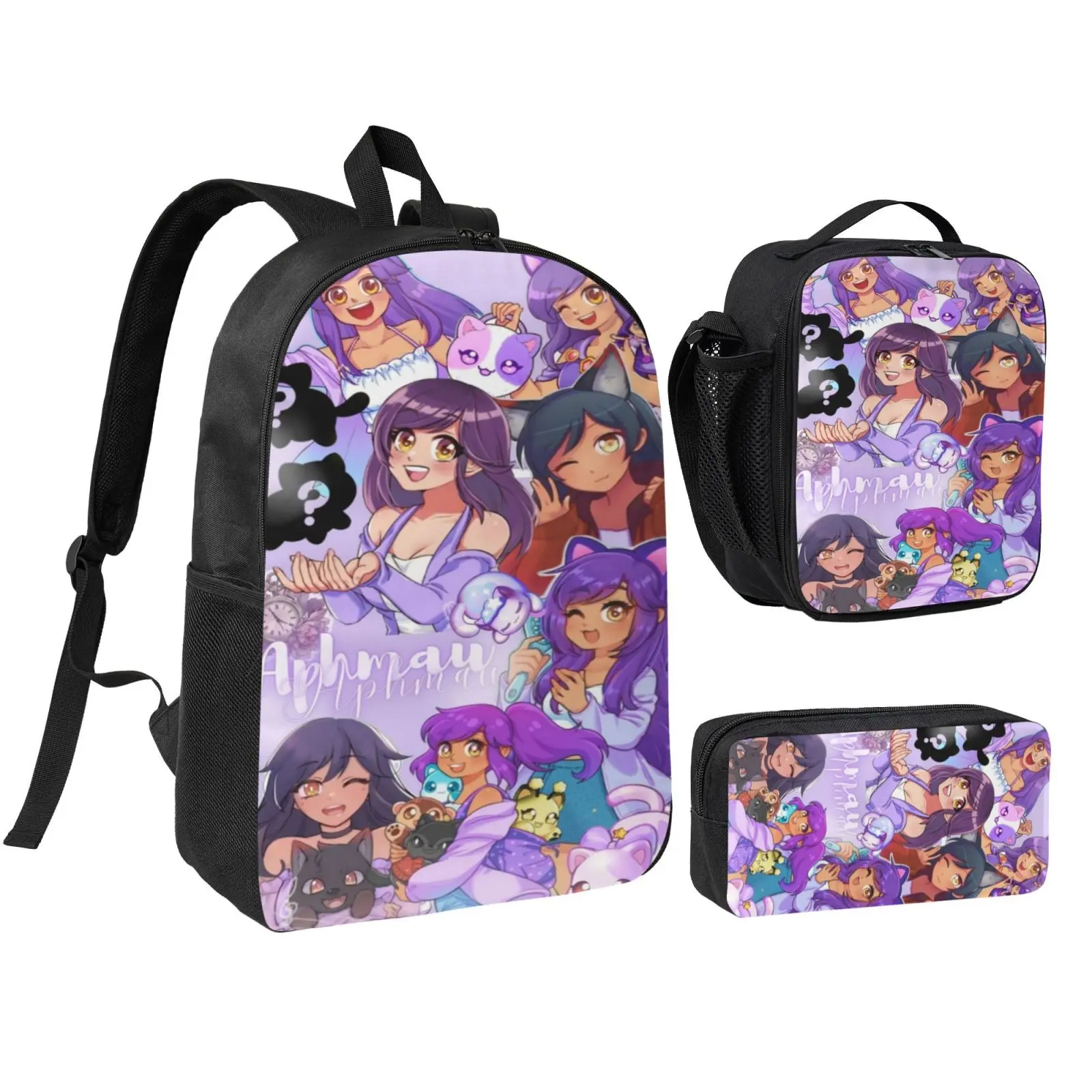 Aphmau Anime 3-Piece School Bag Set for Teen Girls - Polyester Waterproof Backpack with Cute Print, Safe Materials Lunch Bag & Pencil Box, Adjustable Straps for School/Travel
