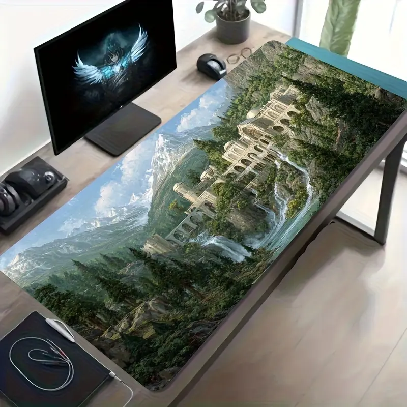 1 large-sized e-sports gaming mouse pad, featuring a fantasy landscape pattern of European-style majestic castles and waterfalls, non-slip, washable rubber base, large-sized desk mat, office desk accessory, computer decoration accessory, desktop decoratio