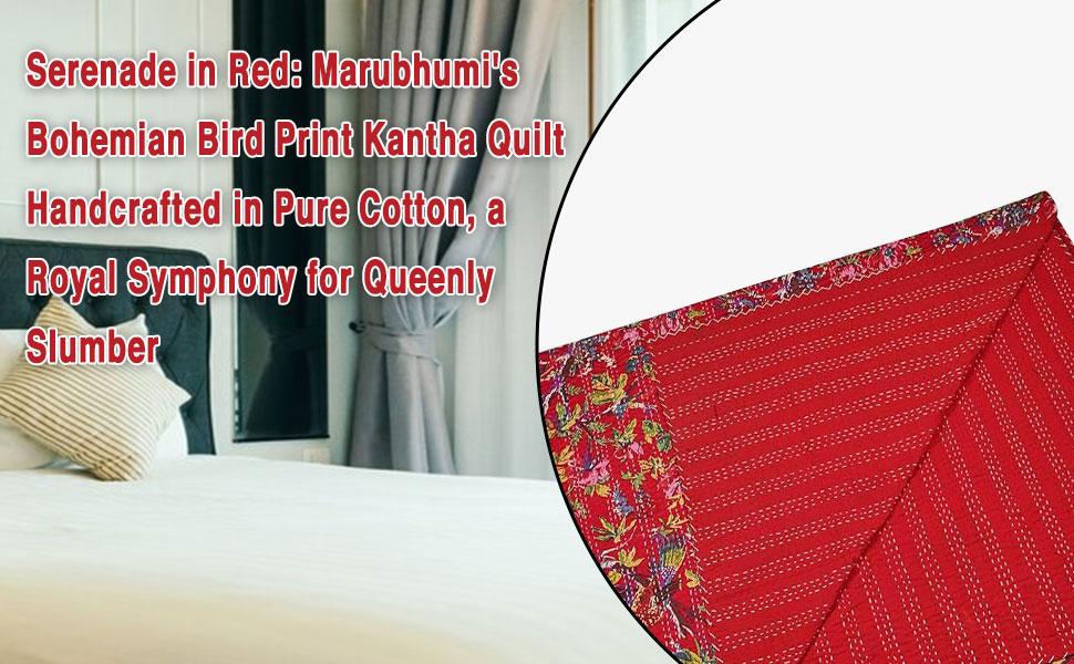 Indian Stitched Pure Cotton Bohemian Bird Print Kantha (Navy, Twin (60"x 90"))