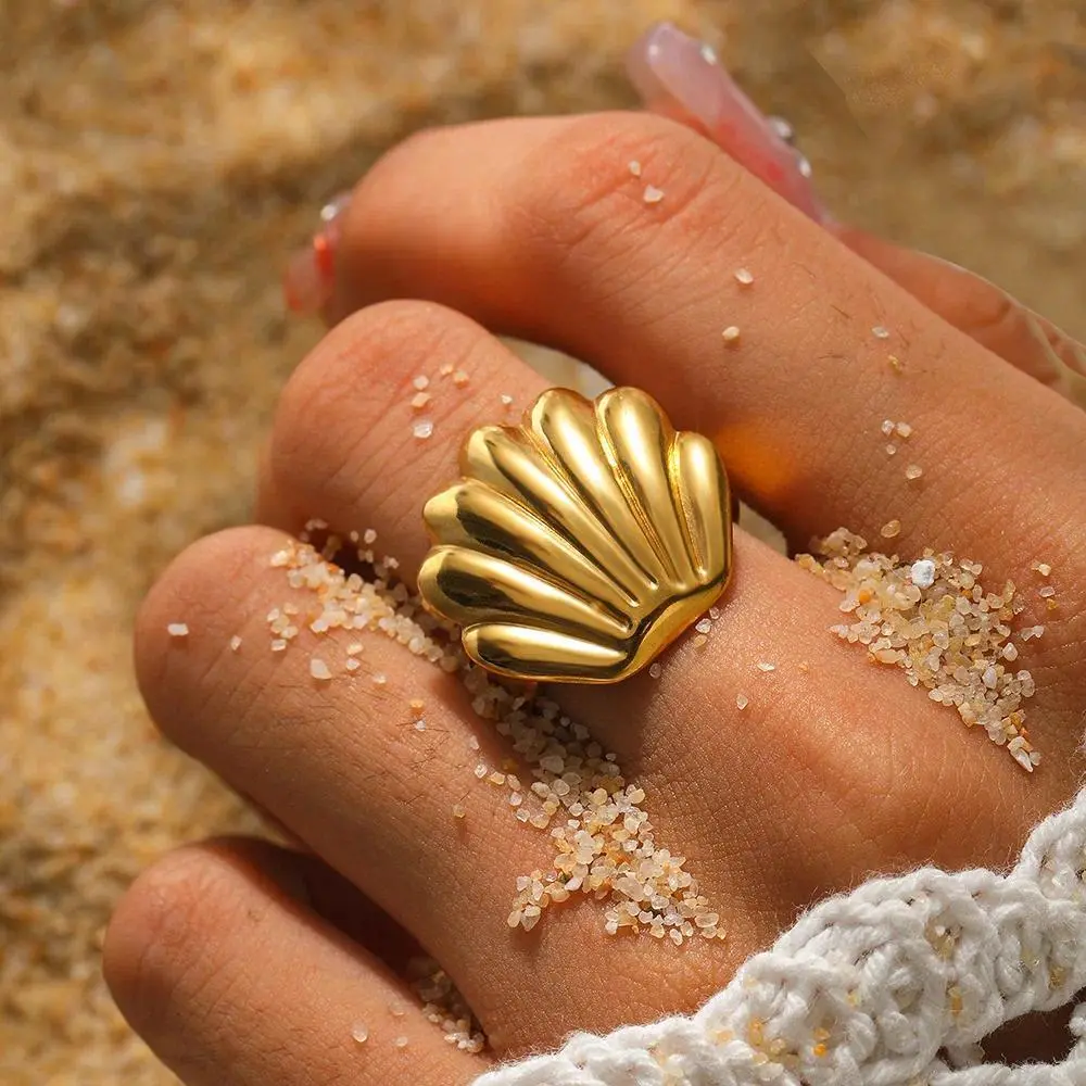 Vintage Stainless Steel Scallop Rings for Women Men Classic Ocean Starfish Shell Open Rings Aesthetic Jewelry Summer Beach Gift