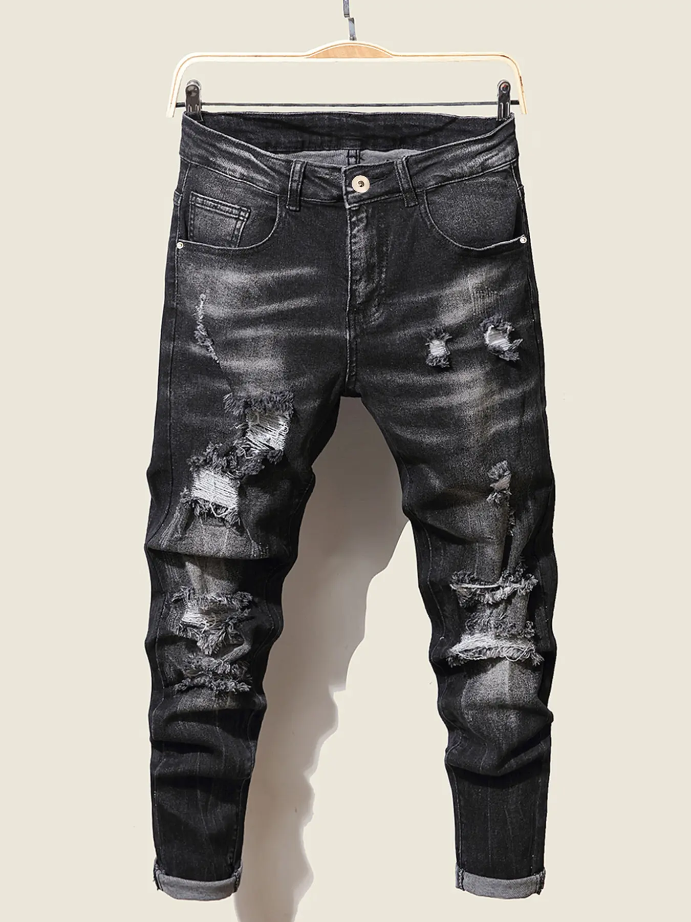 Men's Tight Jeans, Streetwear Style, Ripped Design, Fashionable Choice, Cool Selection, Trendy Men's Clothing, Perfect for Casual Wear