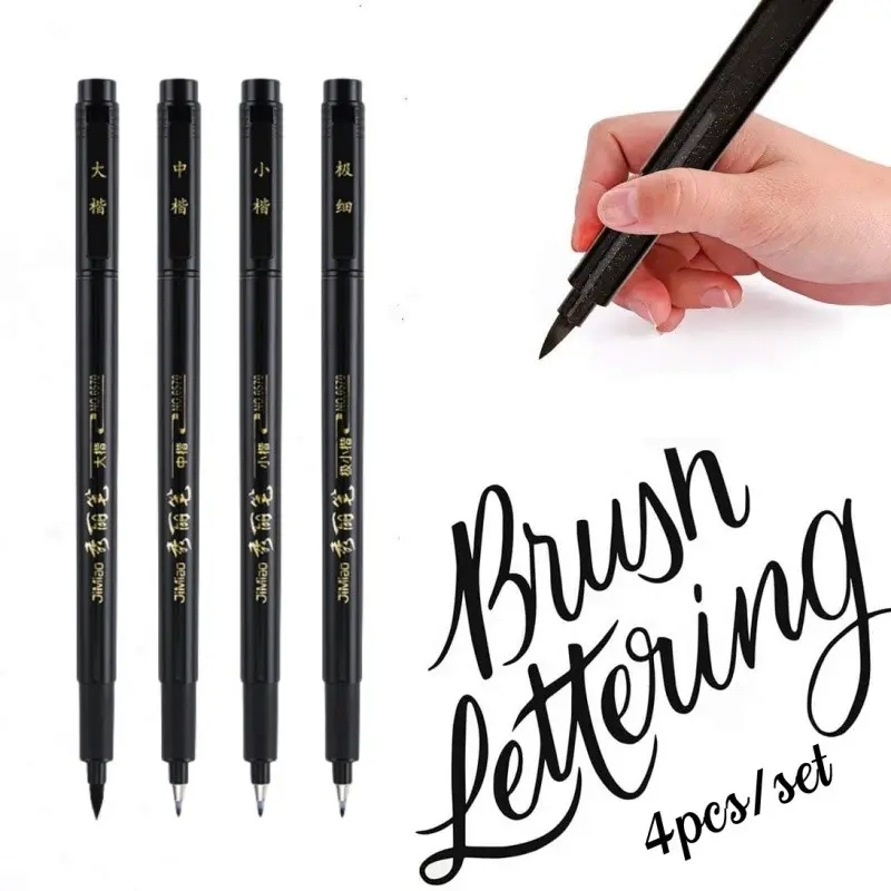 4-Piece Calligraphy Brush Set, Fine Point Brushes, Ideal for Copying, Signing, Writing, School & Office Use, Compact & Portable Design