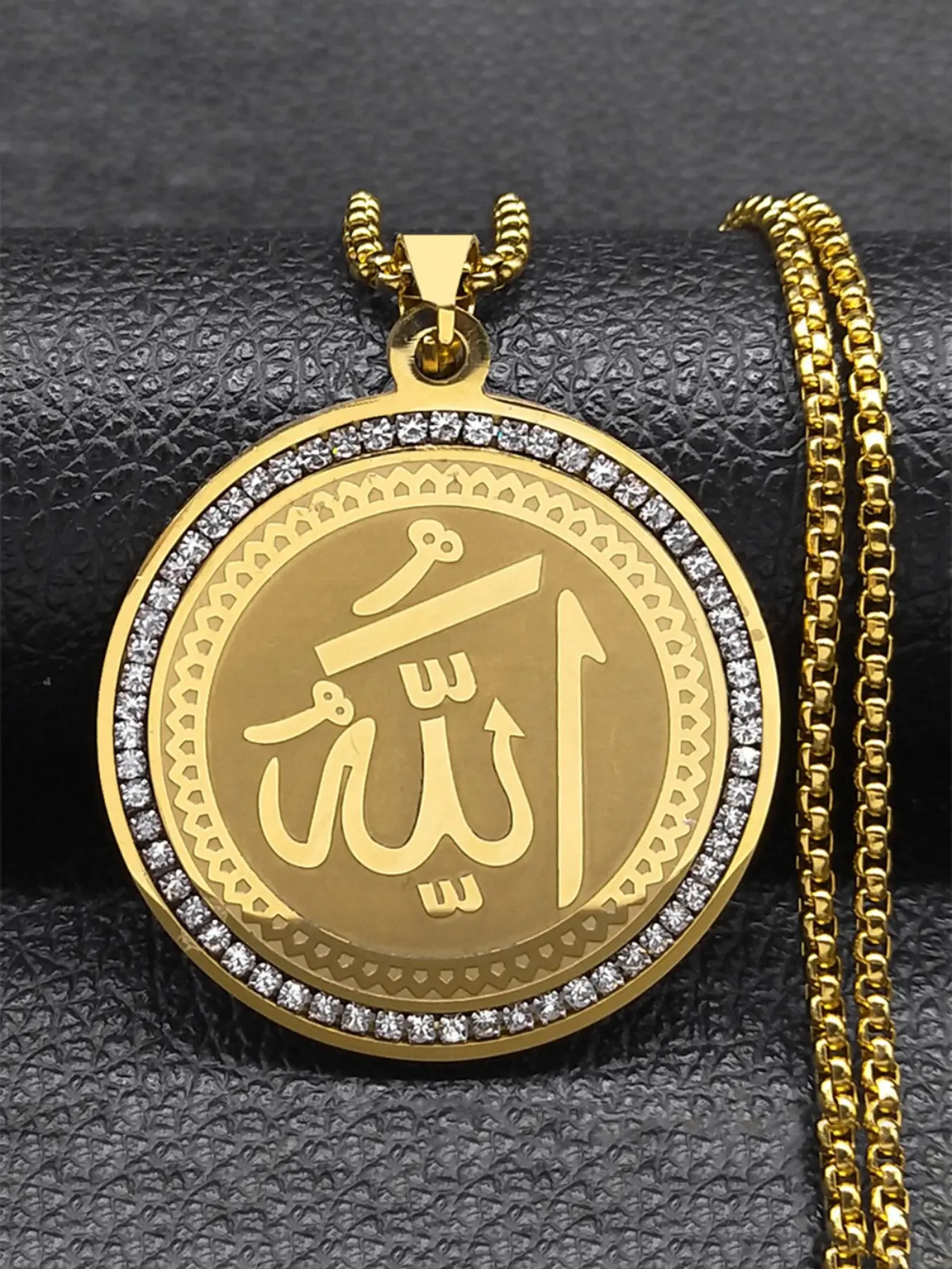Arabic Quran Allah Medal Necklace for Women Men Rhinestone Stainless Steel Gold Color Islam Muslim Chain Jewelry collar