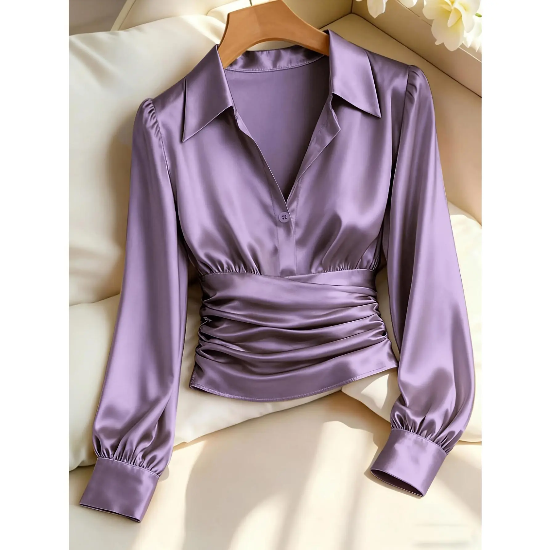 Women's Solid Color Simple Style Long Sleeve Slim-Fit Elegant Top - Suitable for Daily, Workplace, and Vacation Wear - Satin Shirt