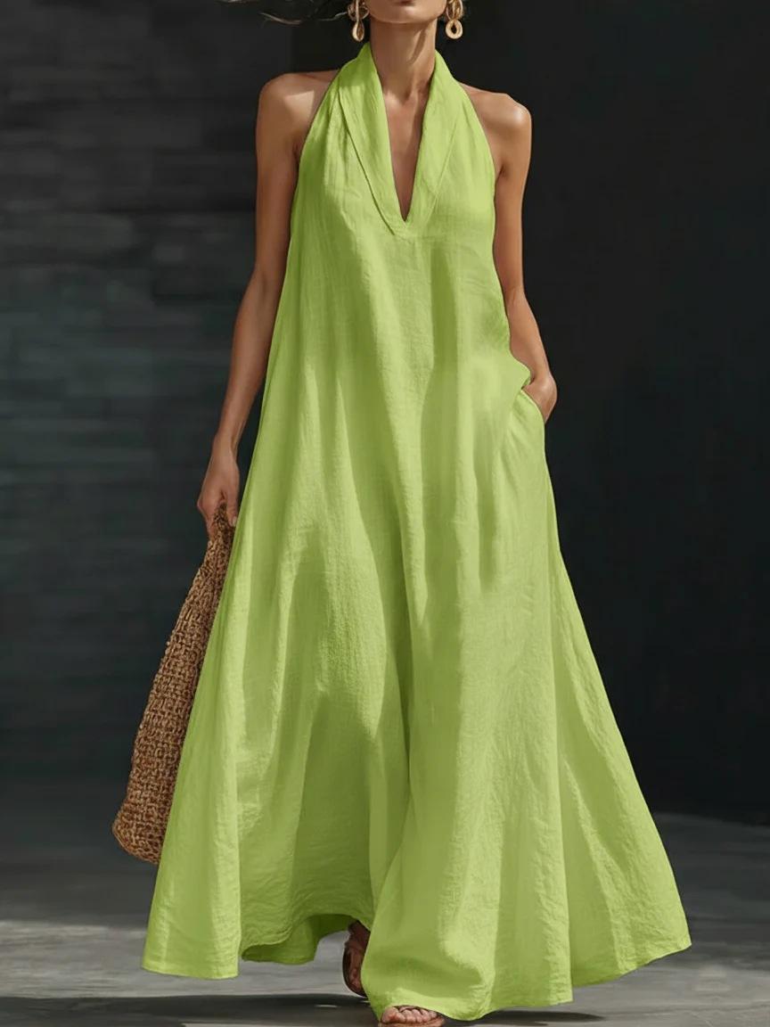 European and American new 2026 summer women's casual solid color V-neck dress