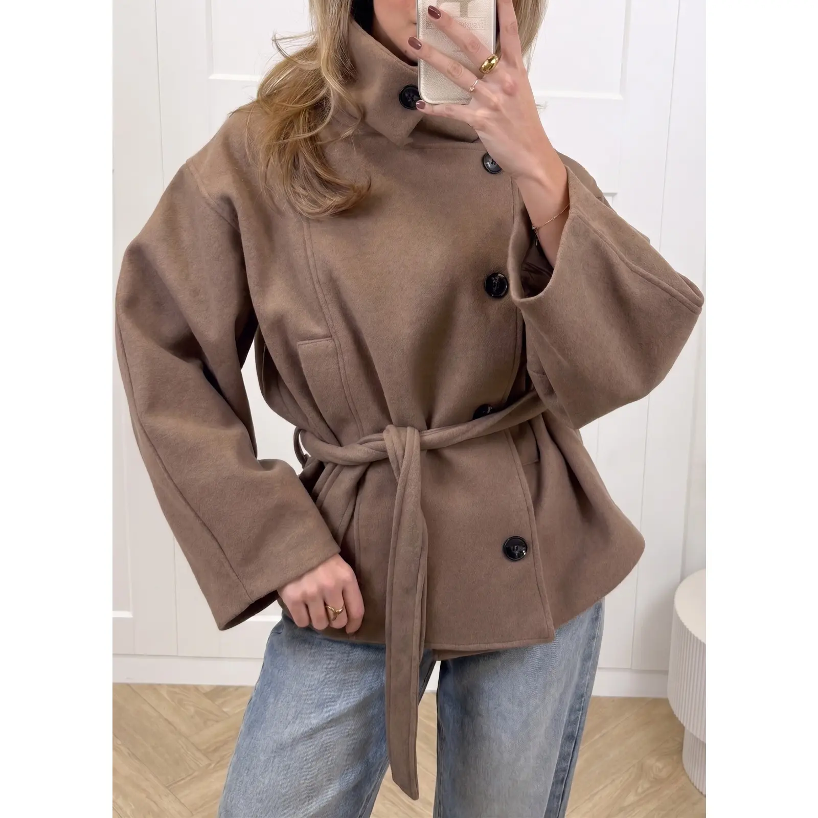 Tankaneo Womens Cropped Pea Coat Wool Blend Fall Winter Jackets with Belted