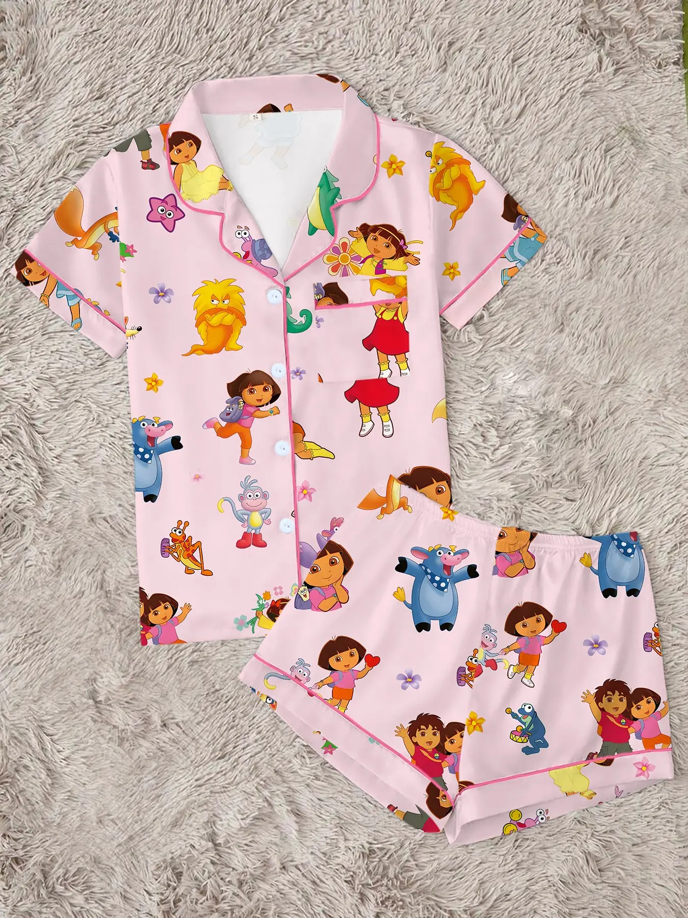 Adorable Cartoon Pattern Women's Pajama Set, Comfortable Two-Piece Sleepwear, Short Sleeve Button-Up Top and Elastic Shorts, Casual Home Wear