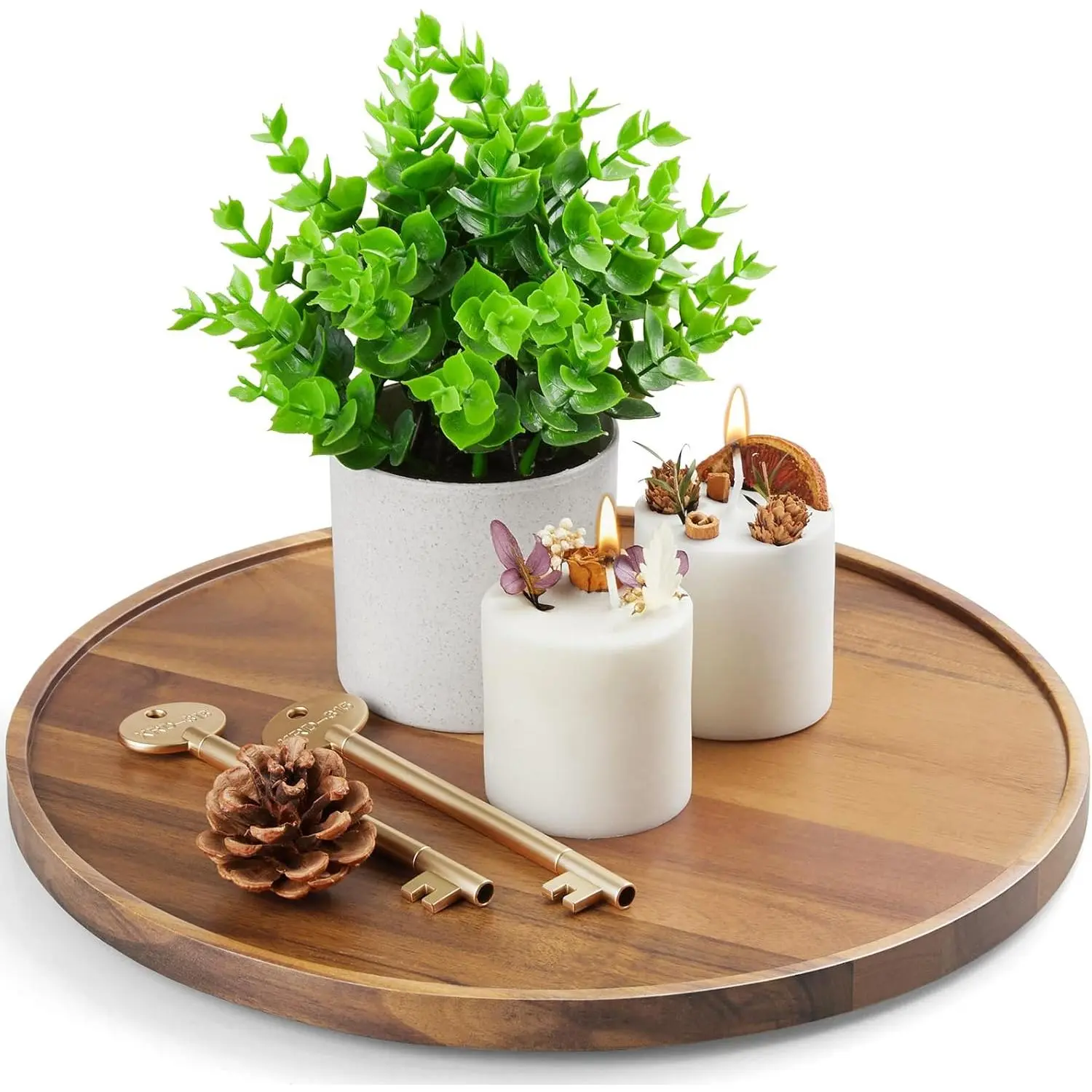 12 Inch Acacia Wood Round Tray, Wooden Decorative Bathroom Coffee Table Tray Centerpiece Candle Holder for Farmhouse Kitchen Dining Room Home Decor Coffee Table Decor and Accessories
