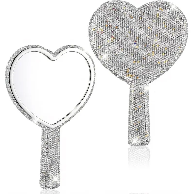 Large Rhinestone Handheld Mirror Heart Shaped Bling Glitter Cosmetic Hand Mirror with Handle Portable Hand Mirrors Sparkling Cute Hands Mirrors for Wedding Make up Women (Silver)