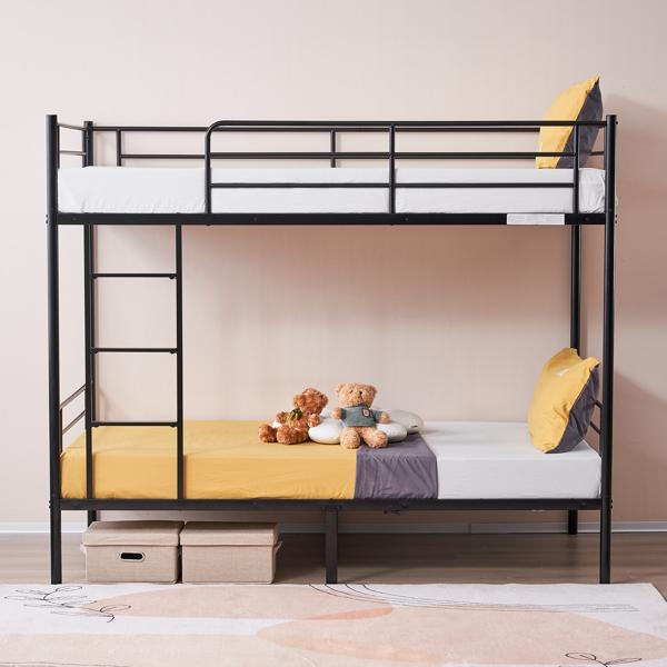 Iron Bed Bunk Bed with Ladder for All Ages Twin Size Black Bedroom Bedframe with 33.5cm Fence & 26.5cm Storage Space Modern Design