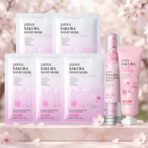 LAIKOU Japan Sakura Hand Care Gift Set for Women & Girl, 7Pcs Complete Hand Washing & Deep Moisturizing Treatment Kit with Hand Cream 30g, Hand Mask 5-Packs, Scented Hand Wash 4g, Vacation & Birthday Gift
