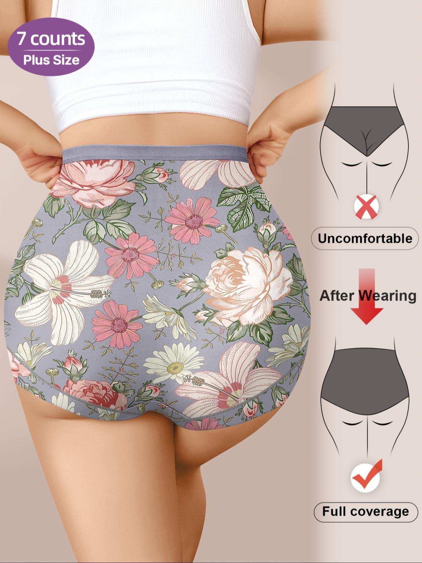【Plus Size】 Floral Patchwork Print High Waist Panty, Casual Comfy Breathable Knicker for Daily Wear, Women's Underwear for All Seasons